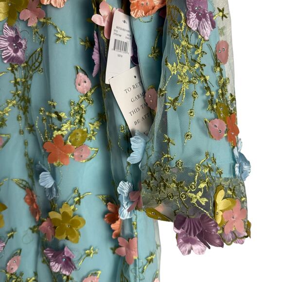 Mestiza Flora Blue 3D Floral Appliqué Flare Sleeve Cocktail Mini Dress Size M - Picture 7 of 16